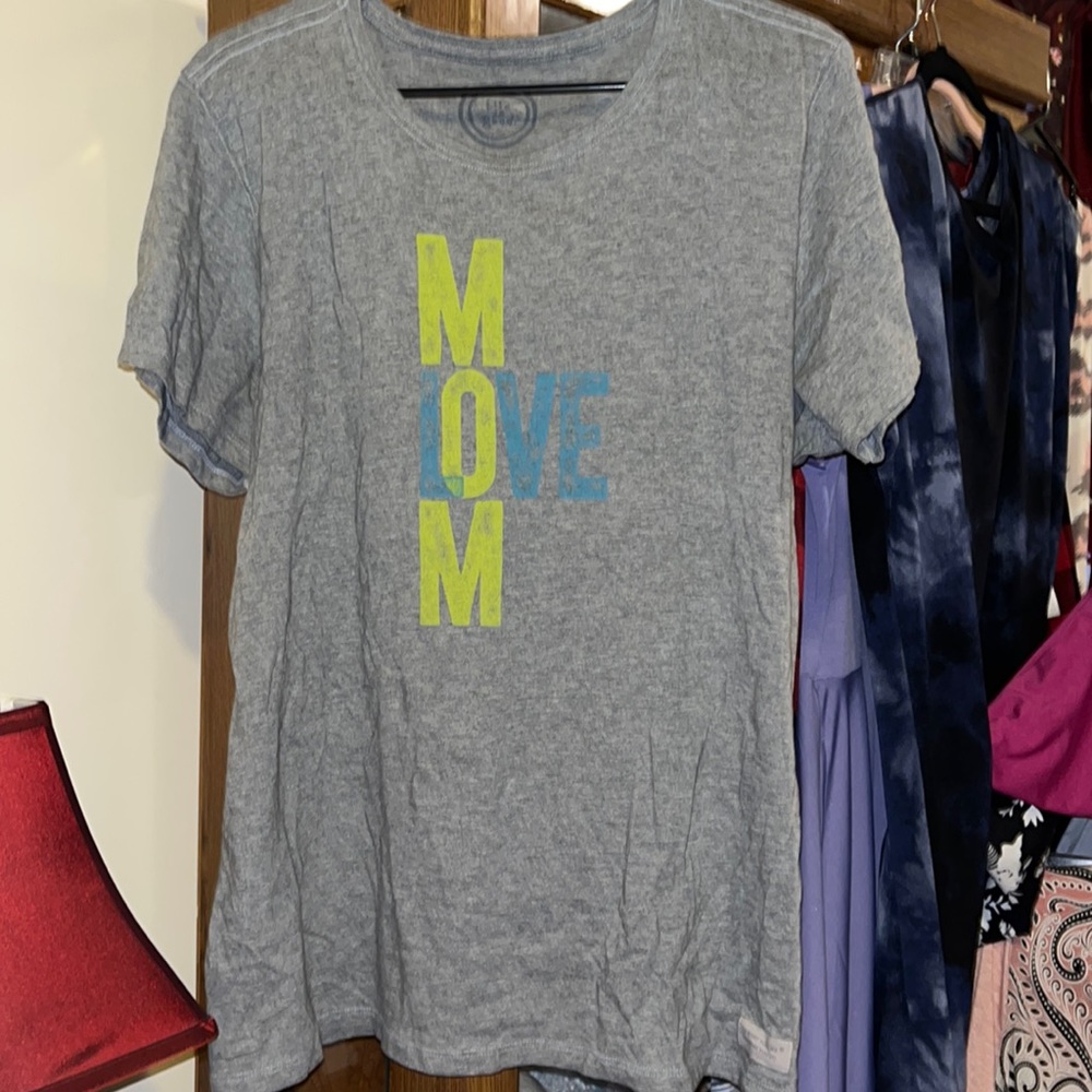 Women’s Life Is Good T-shirt, Mom Love, XL, Gray, lime & teal